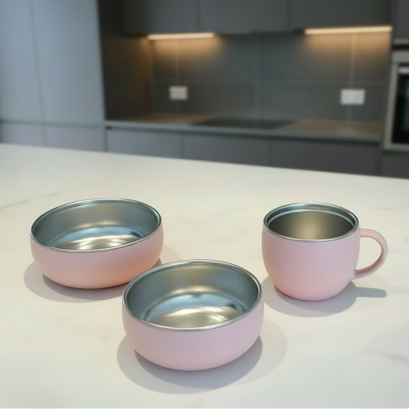 bols inox et tasse inox rose