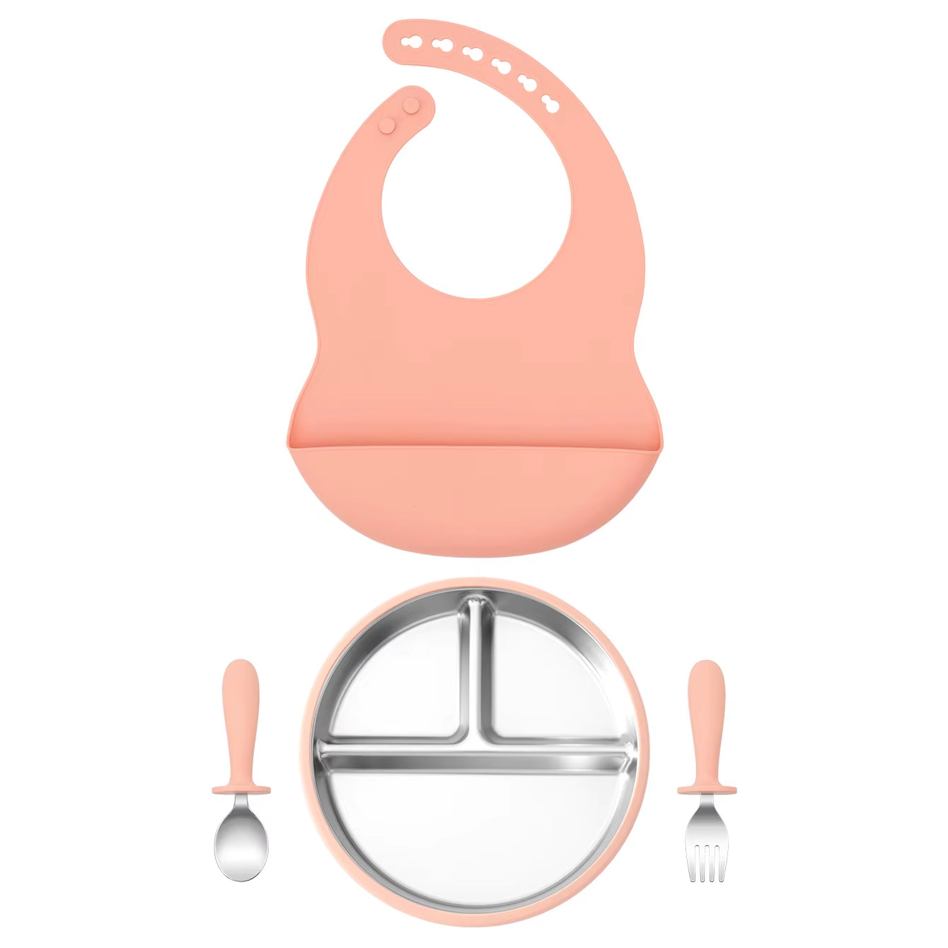 4PCS Stainless Steel Silicone Baby Feeding Set with Detachable Bowl Plate BPA Free Fork Spoon Bib Weaning Tableware Training
