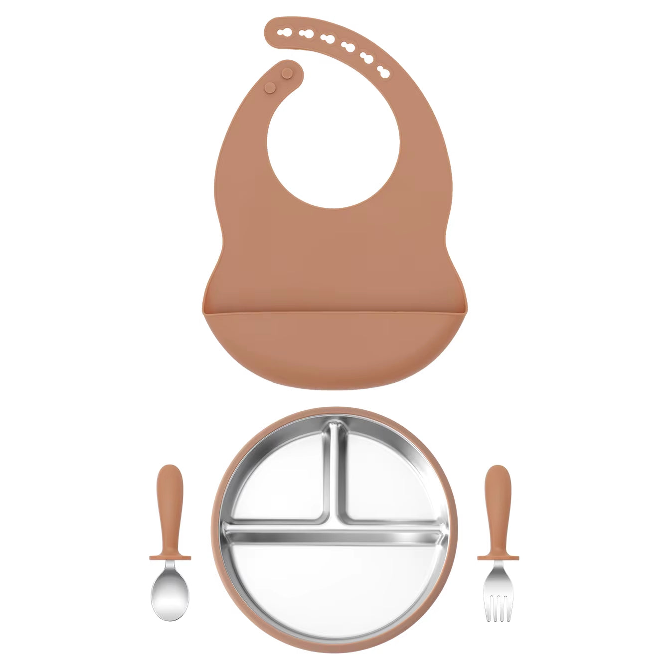 4PCS Stainless Steel Silicone Baby Feeding Set with Detachable Bowl Plate BPA Free Fork Spoon Bib Weaning Tableware Training