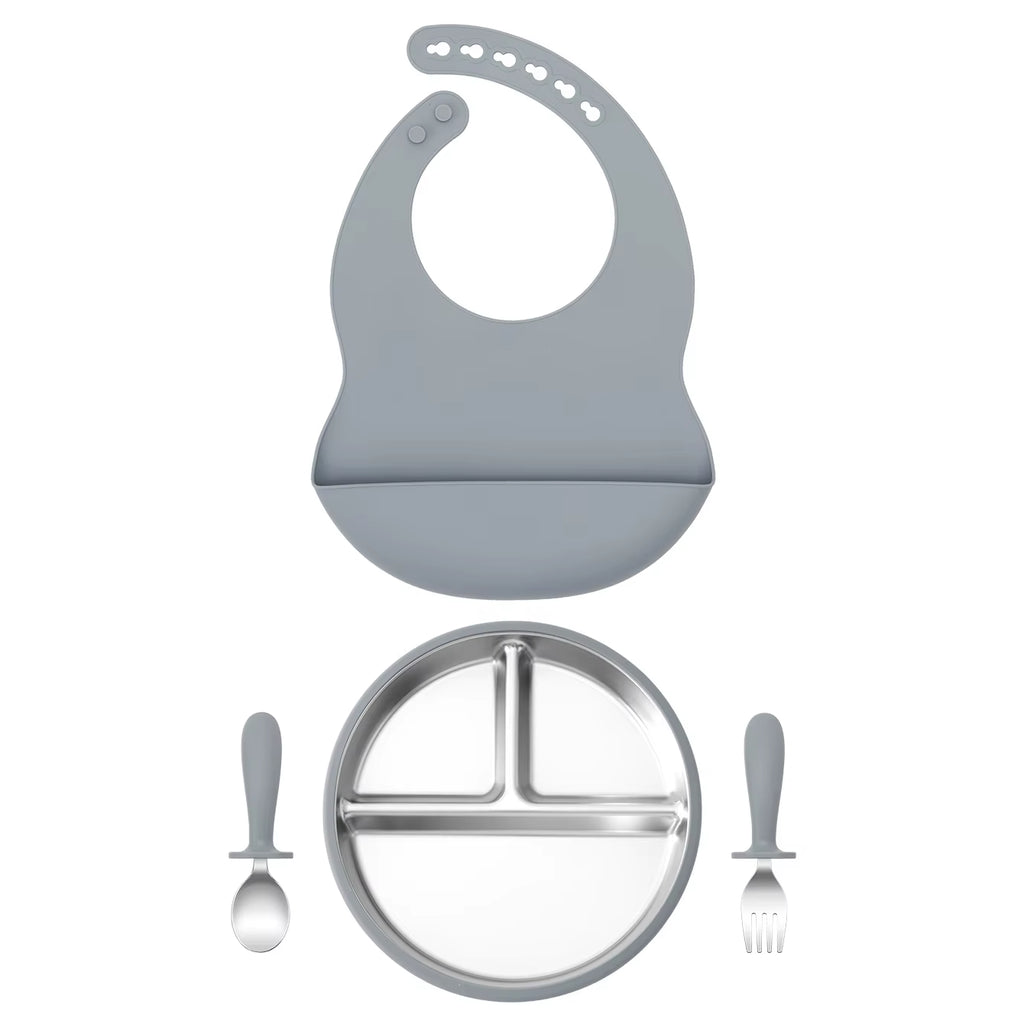 4PCS Stainless Steel Silicone Baby Feeding Set with Detachable Bowl Plate BPA Free Fork Spoon Bib Weaning Tableware Training