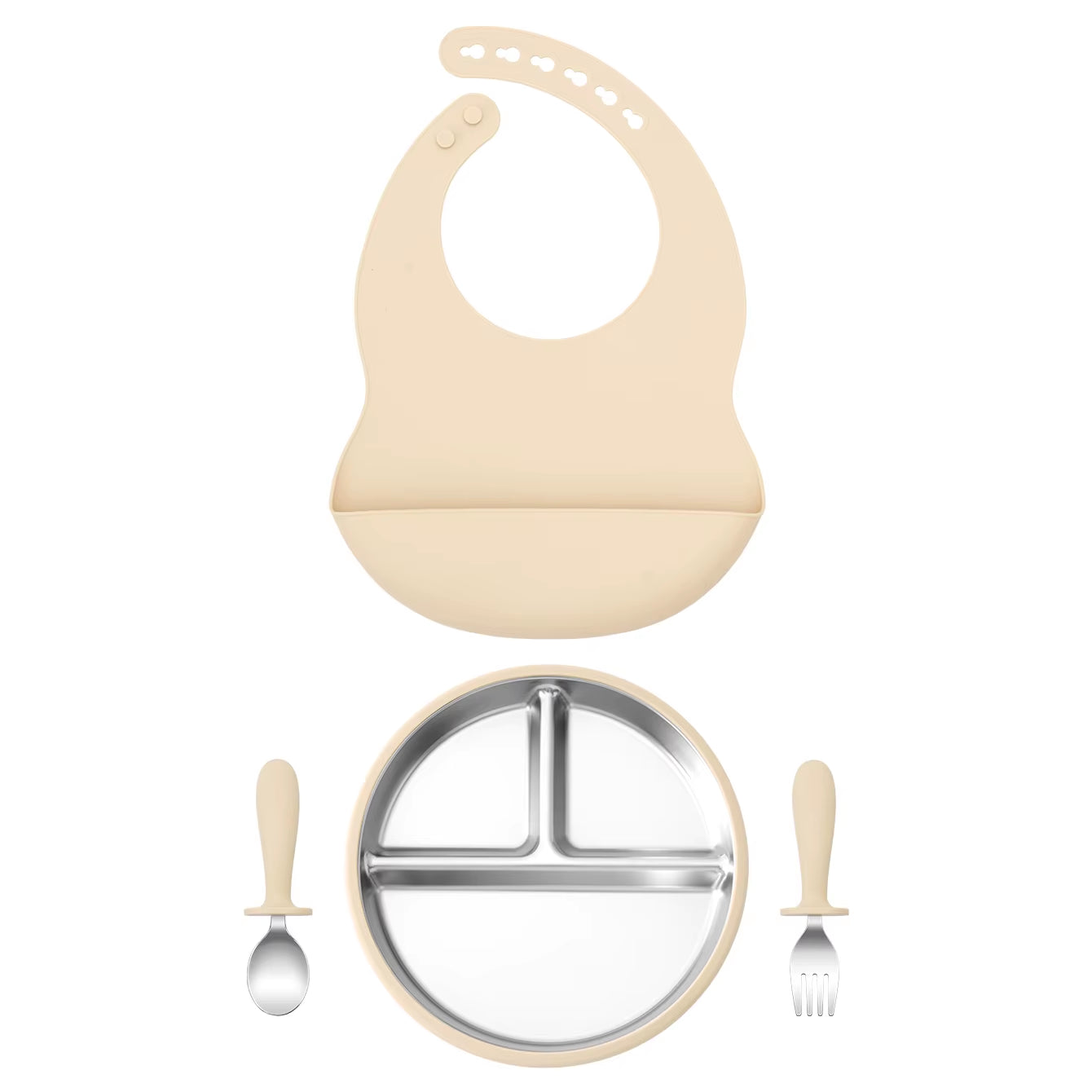 4PCS Stainless Steel Silicone Baby Feeding Set with Detachable Bowl Plate BPA Free Fork Spoon Bib Weaning Tableware Training