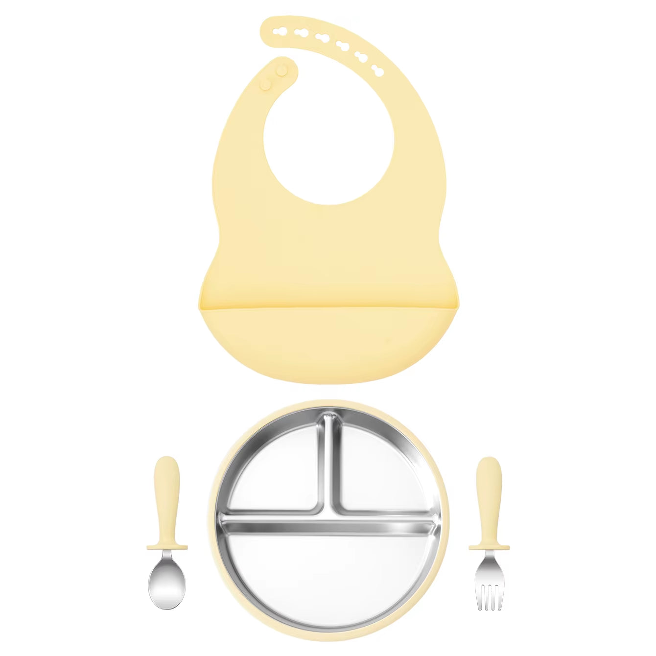 4PCS Stainless Steel Silicone Baby Feeding Set with Detachable Bowl Plate BPA Free Fork Spoon Bib Weaning Tableware Training