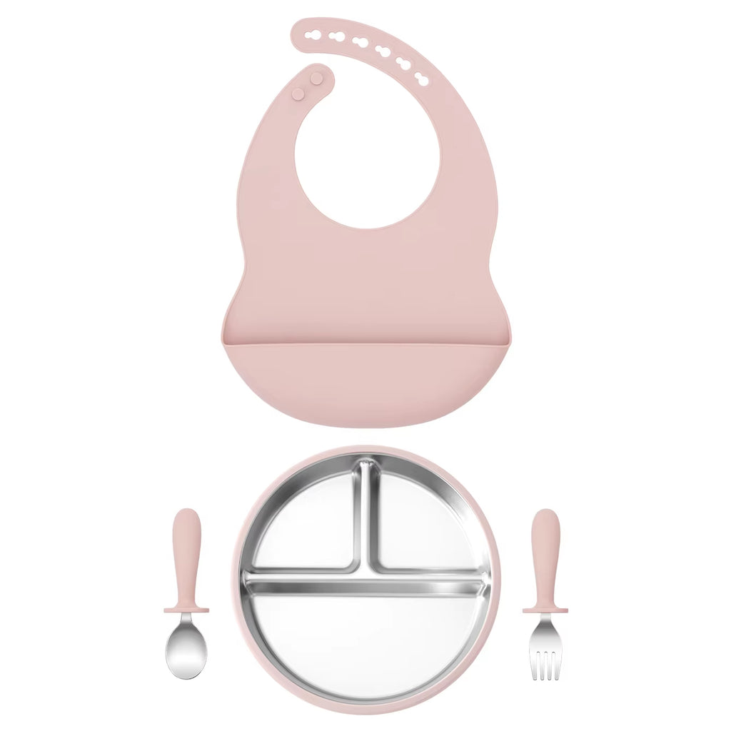 4PCS Stainless Steel Silicone Baby Feeding Set with Detachable Bowl Plate BPA Free Fork Spoon Bib Weaning Tableware Training