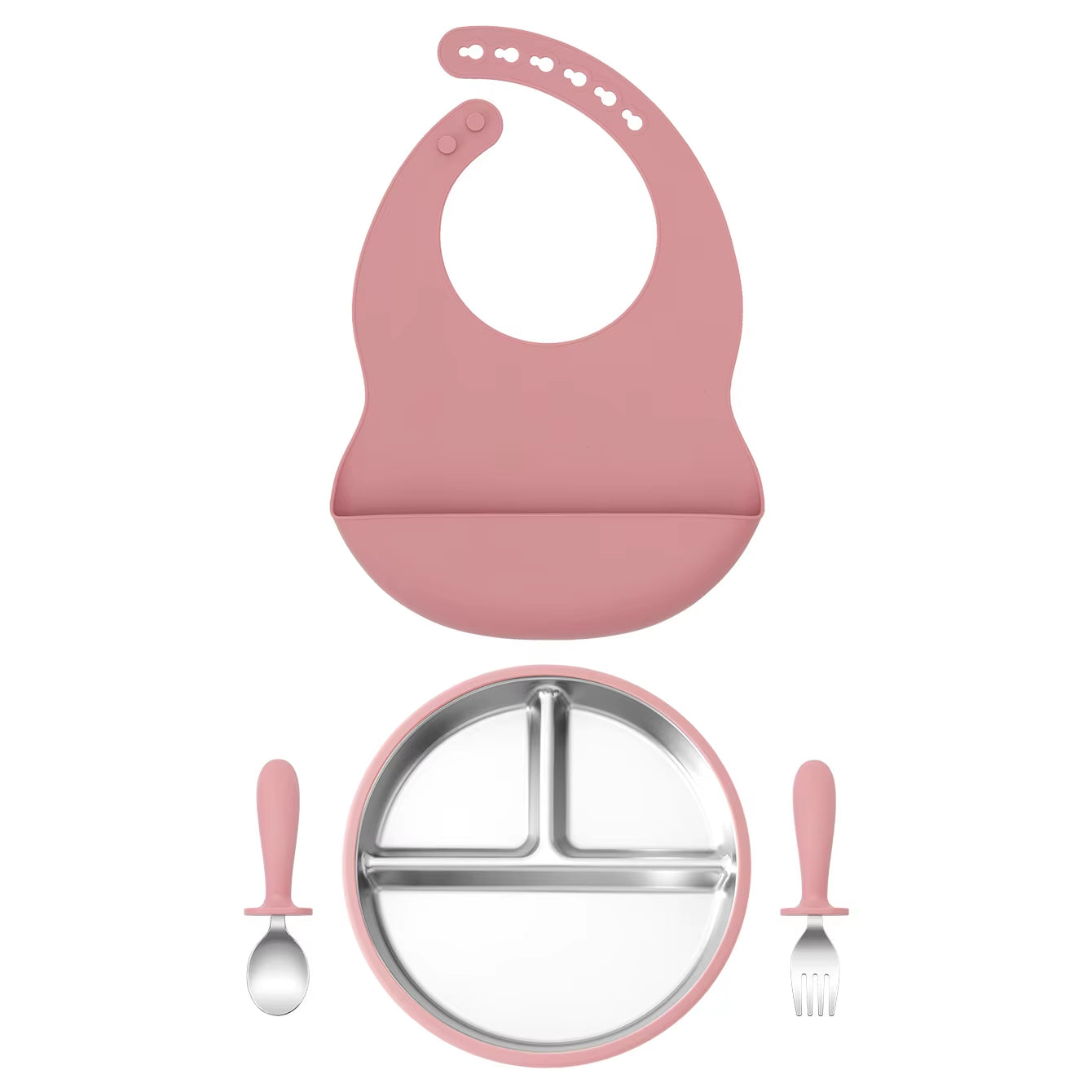 Ensemble repas bébé en inox et silicone – assiette compartimentée, bol amovible, cuillère, fourchette et bavoir en silicone.