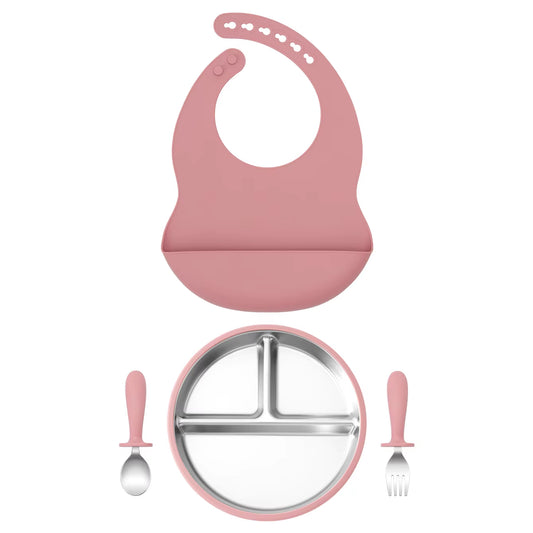 Ensemble repas bébé en inox et silicone – assiette compartimentée, bol amovible, cuillère, fourchette et bavoir en silicone.