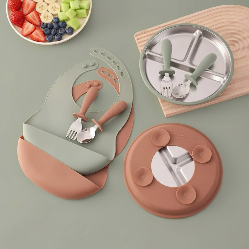 Ensemble repas bébé en inox et silicone – assiette compartimentée, bol amovible, cuillère, fourchette et bavoir en silicone.