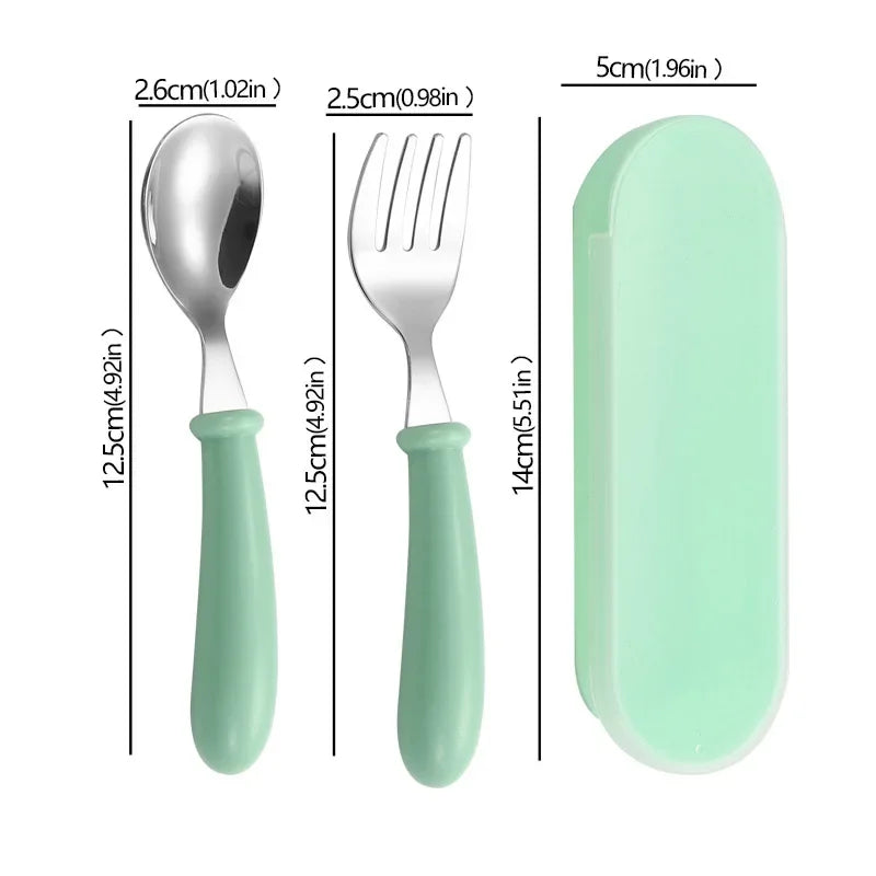 2Pcs Children Spoon Forks with Box Stainless Steel Dinnerware Cutlery Food Feeding Baby Feeding Tableware Set Children Utensil