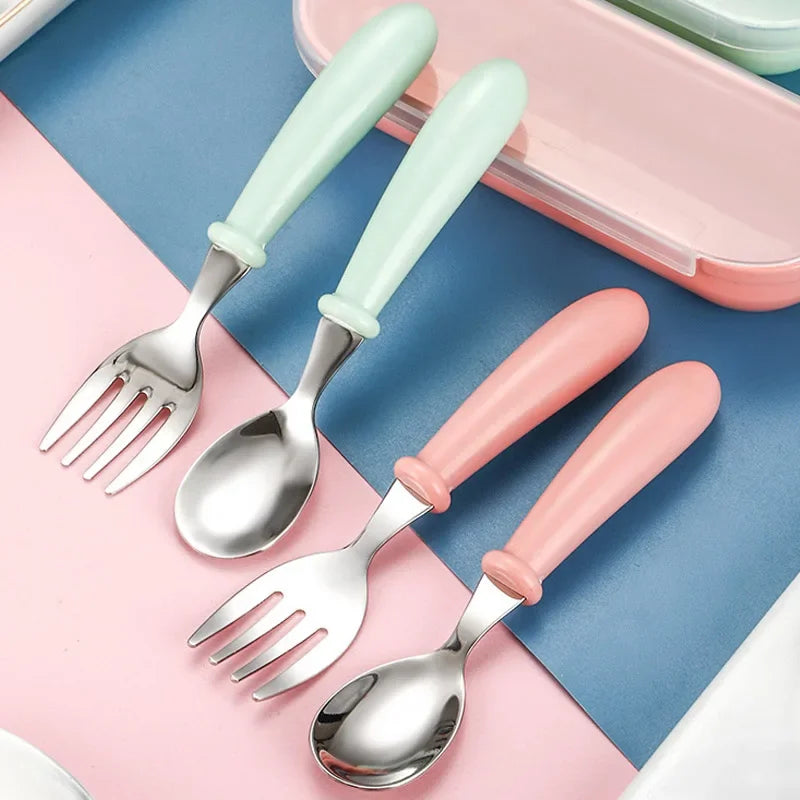 2Pcs Children Spoon Forks with Box Stainless Steel Dinnerware Cutlery Food Feeding Baby Feeding Tableware Set Children Utensil