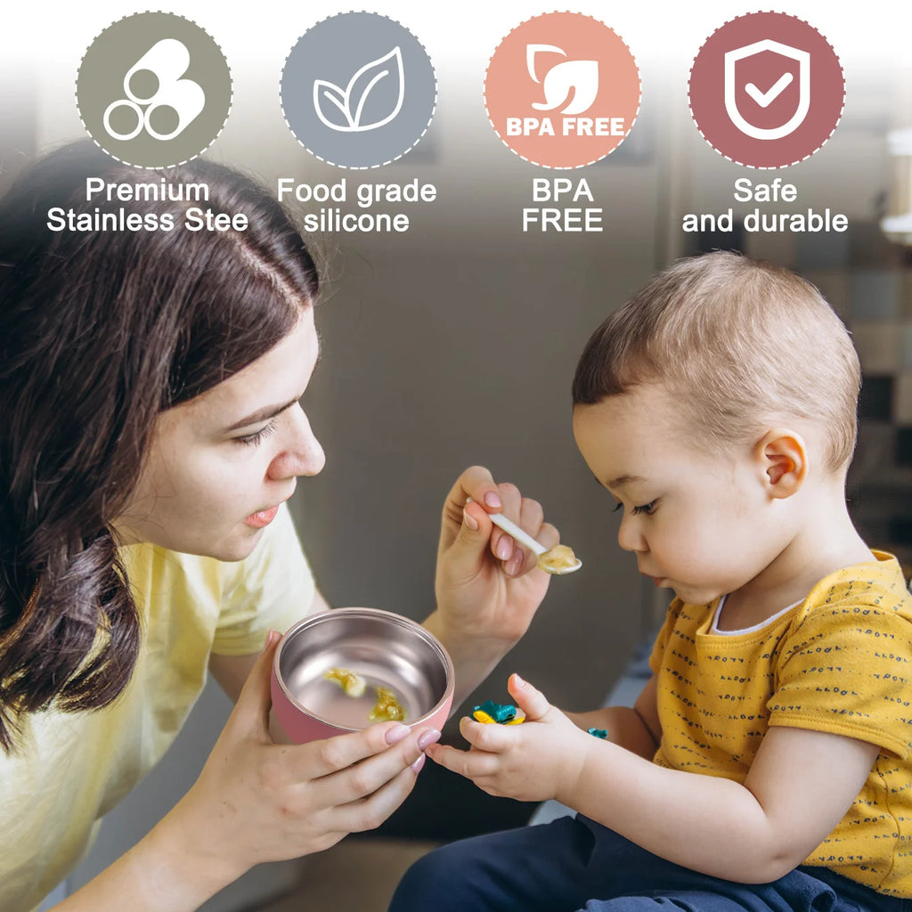 Set Repas Enfant 2 Pièces – Bol et Assiette en Inox avec Base Silicone