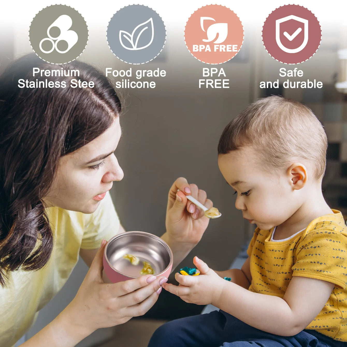 Set Repas Enfant 2 Pièces – Bol et Assiette en Inox avec Base Silicone