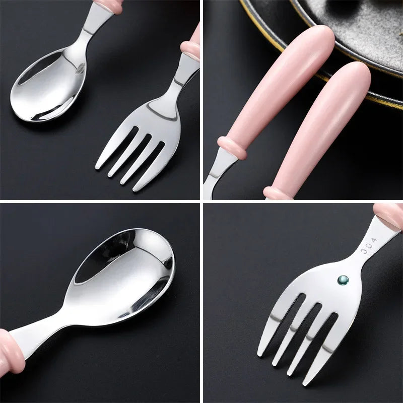 2Pcs Children Spoon Forks with Box Stainless Steel Dinnerware Cutlery Food Feeding Baby Feeding Tableware Set Children Utensil