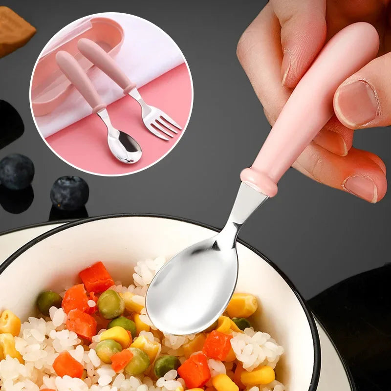 2Pcs Children Spoon Forks with Box Stainless Steel Dinnerware Cutlery Food Feeding Baby Feeding Tableware Set Children Utensil
