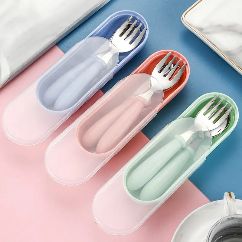 2Pcs Children Spoon Forks with Box Stainless Steel Dinnerware Cutlery Food Feeding Baby Feeding Tableware Set Children Utensil