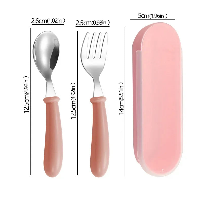 2Pcs Children Spoon Forks with Box Stainless Steel Dinnerware Cutlery Food Feeding Baby Feeding Tableware Set Children Utensil