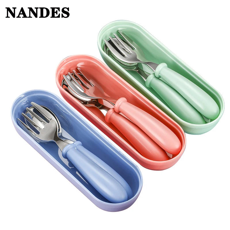 2Pcs Children Spoon Forks with Box Stainless Steel Dinnerware Cutlery Food Feeding Baby Feeding Tableware Set Children Utensil