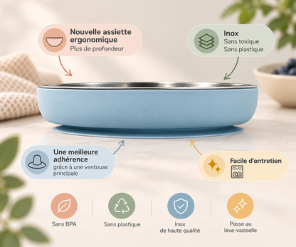 assiette inox à ventouse ergonomique colorée