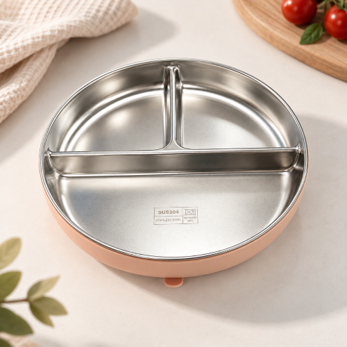 assiette inox à ventouse ergonomique colorée