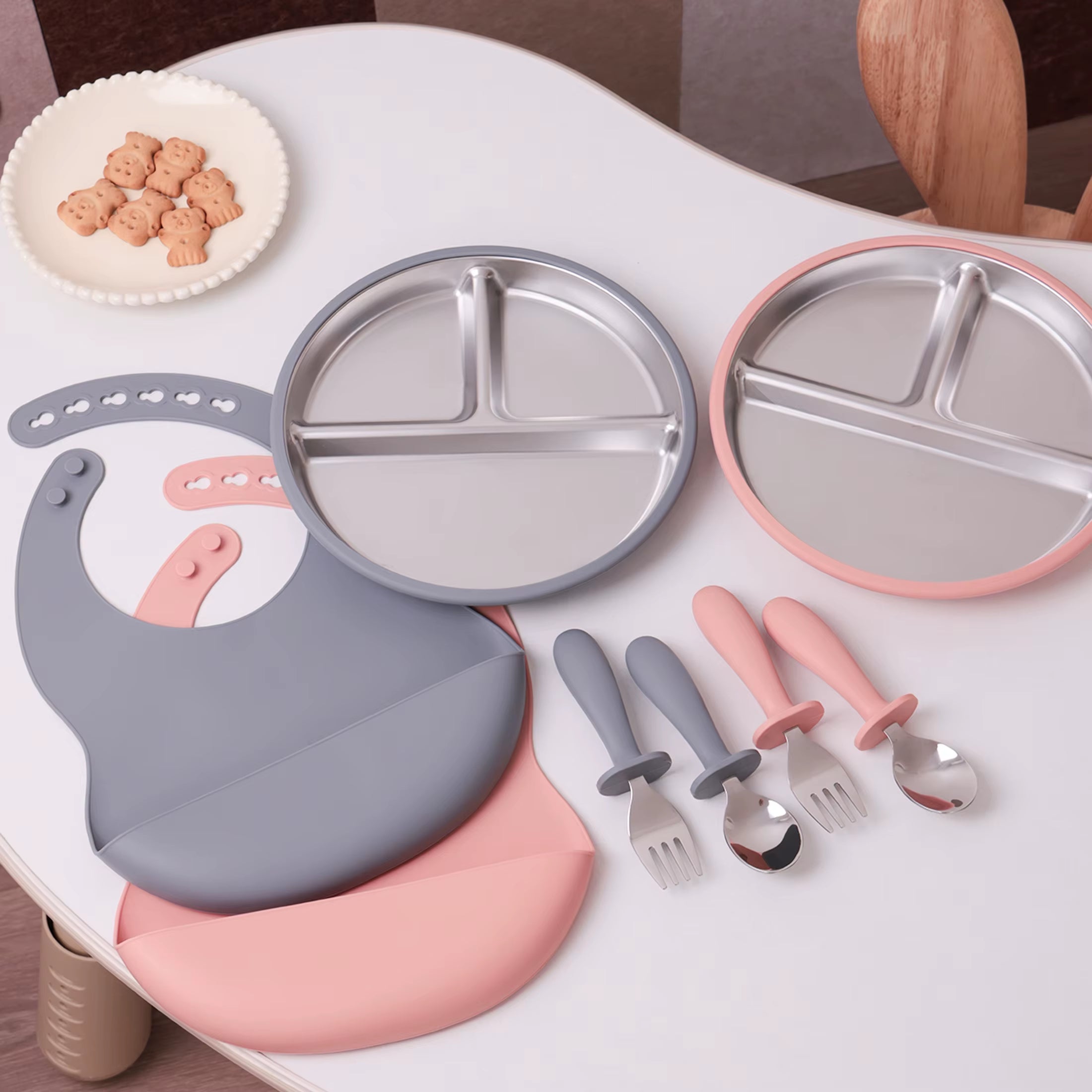 4PCS Stainless Steel Silicone Baby Feeding Set with Detachable Bowl Plate BPA Free Fork Spoon Bib Weaning Tableware Training