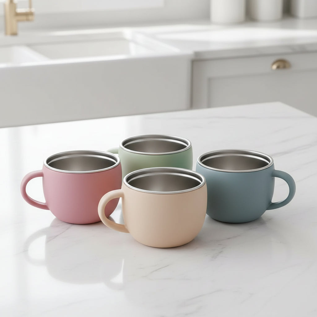 Tasse en inox pour bébé avec poignée – silicone antidérapant détachable, légère et sans BPA, idéale pour l’apprentissage des premiers liquides.