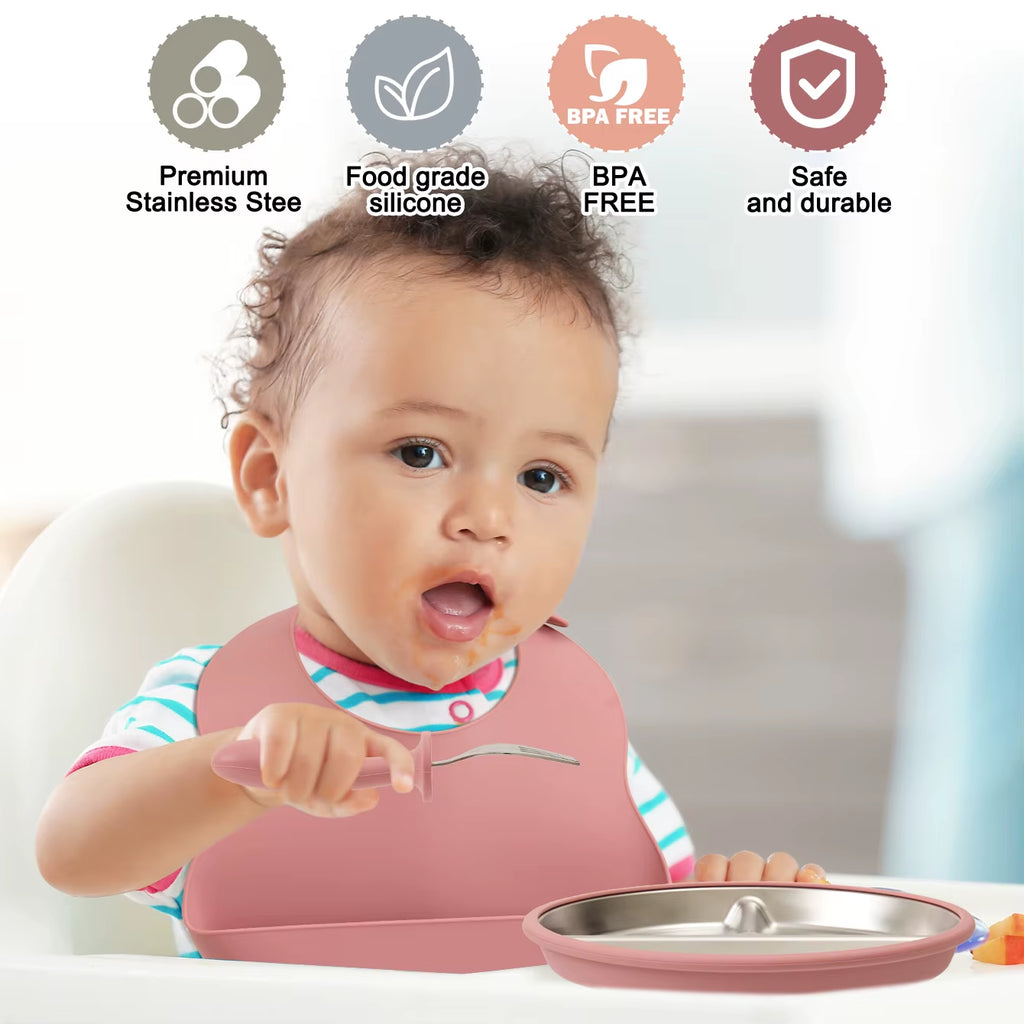 4PCS Stainless Steel Silicone Baby Feeding Set with Detachable Bowl Plate BPA Free Fork Spoon Bib Weaning Tableware Training