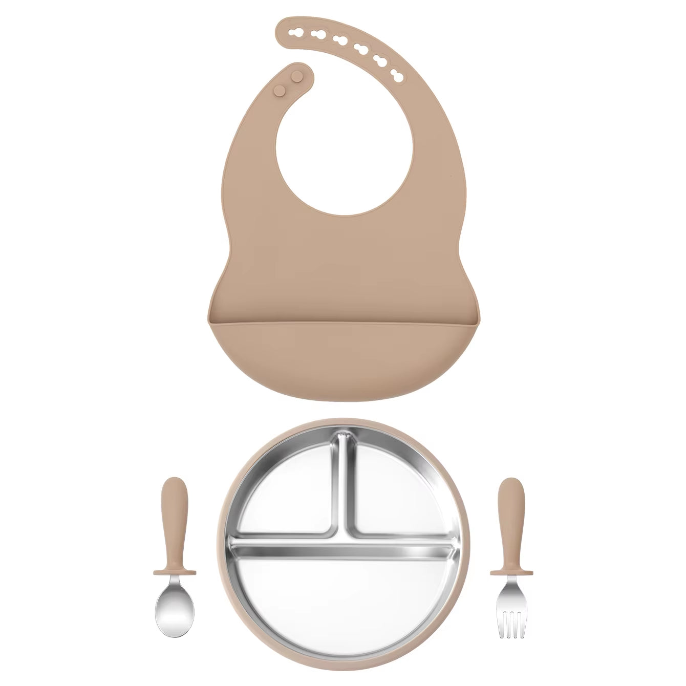4PCS Stainless Steel Silicone Baby Feeding Set with Detachable Bowl Plate BPA Free Fork Spoon Bib Weaning Tableware Training