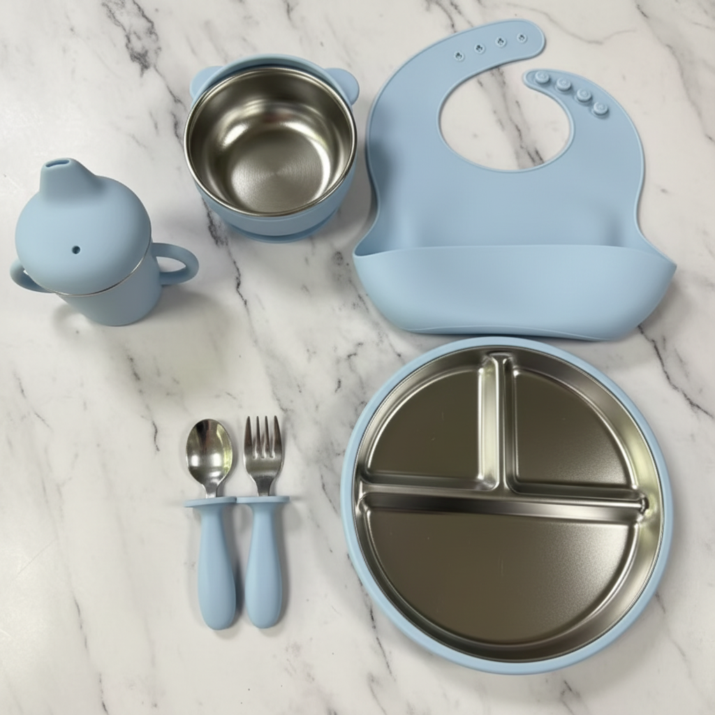 set bebe bleu en inox