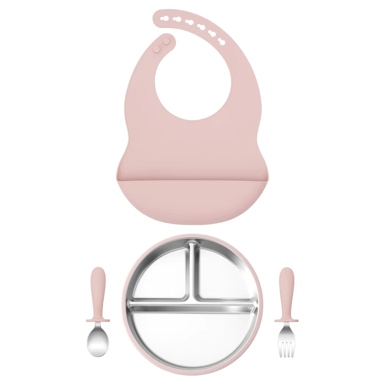 Ensemble repas bébé en inox et silicone – assiette compartimentée, couverts, bavoir et bol amovible