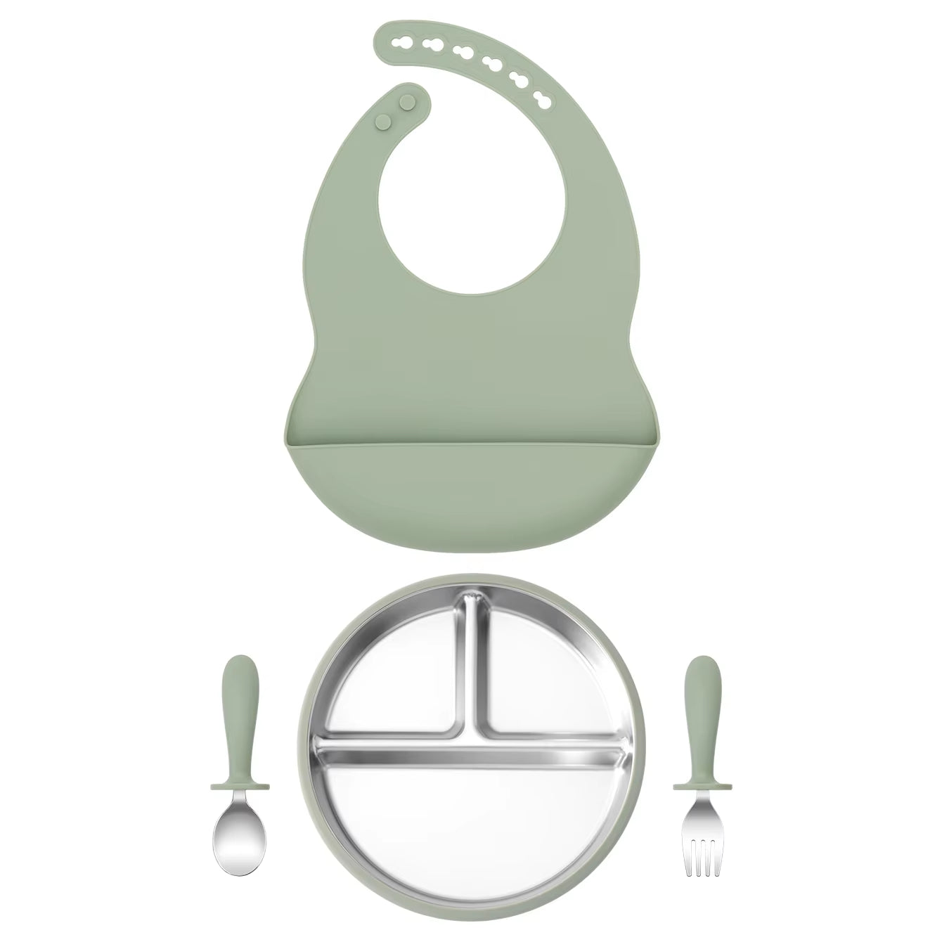 Ensemble repas bébé en inox et silicone – assiette compartimentée, couverts, bavoir et bol amovible