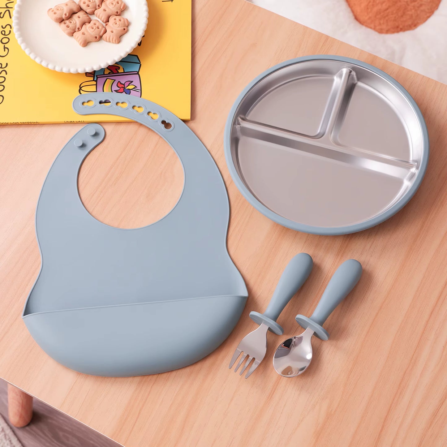 Ensemble repas bébé en inox et silicone – assiette compartimentée, couverts, bavoir et bol amovible