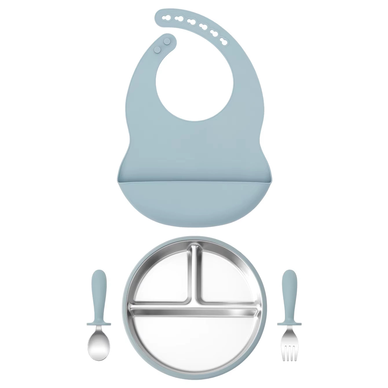 Ensemble repas bébé en inox et silicone – assiette compartimentée, couverts, bavoir et bol amovible