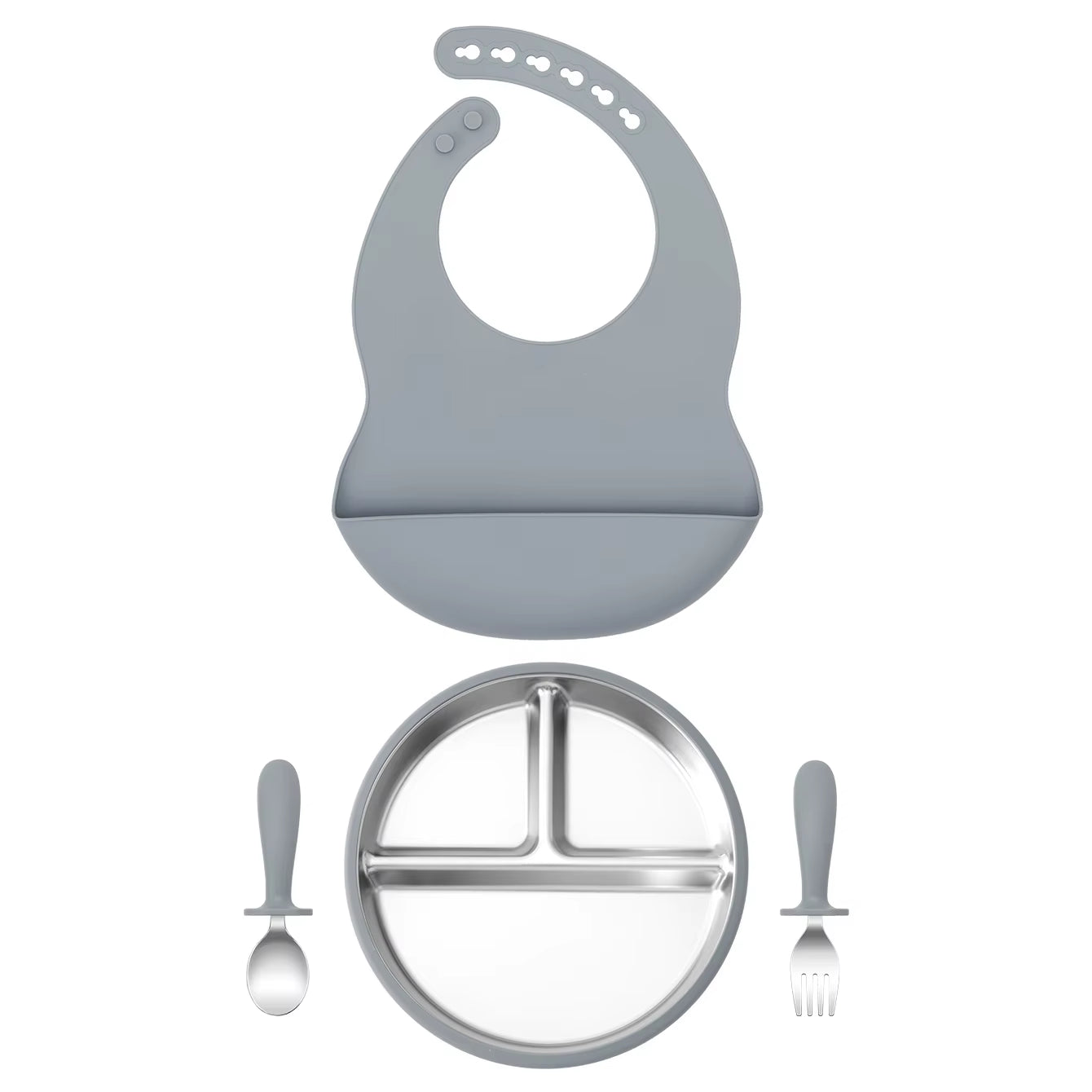 Ensemble repas bébé en inox et silicone – assiette compartimentée, couverts, bavoir et bol amovible
