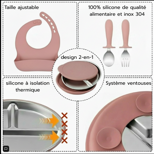 Set repas bébé – Inox et silicone premium